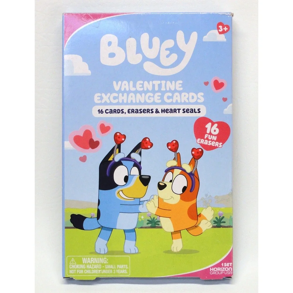 Bluey Dog and Friends 16 Valentine Day Exchange Cards And Fun Erasers Lot of 2